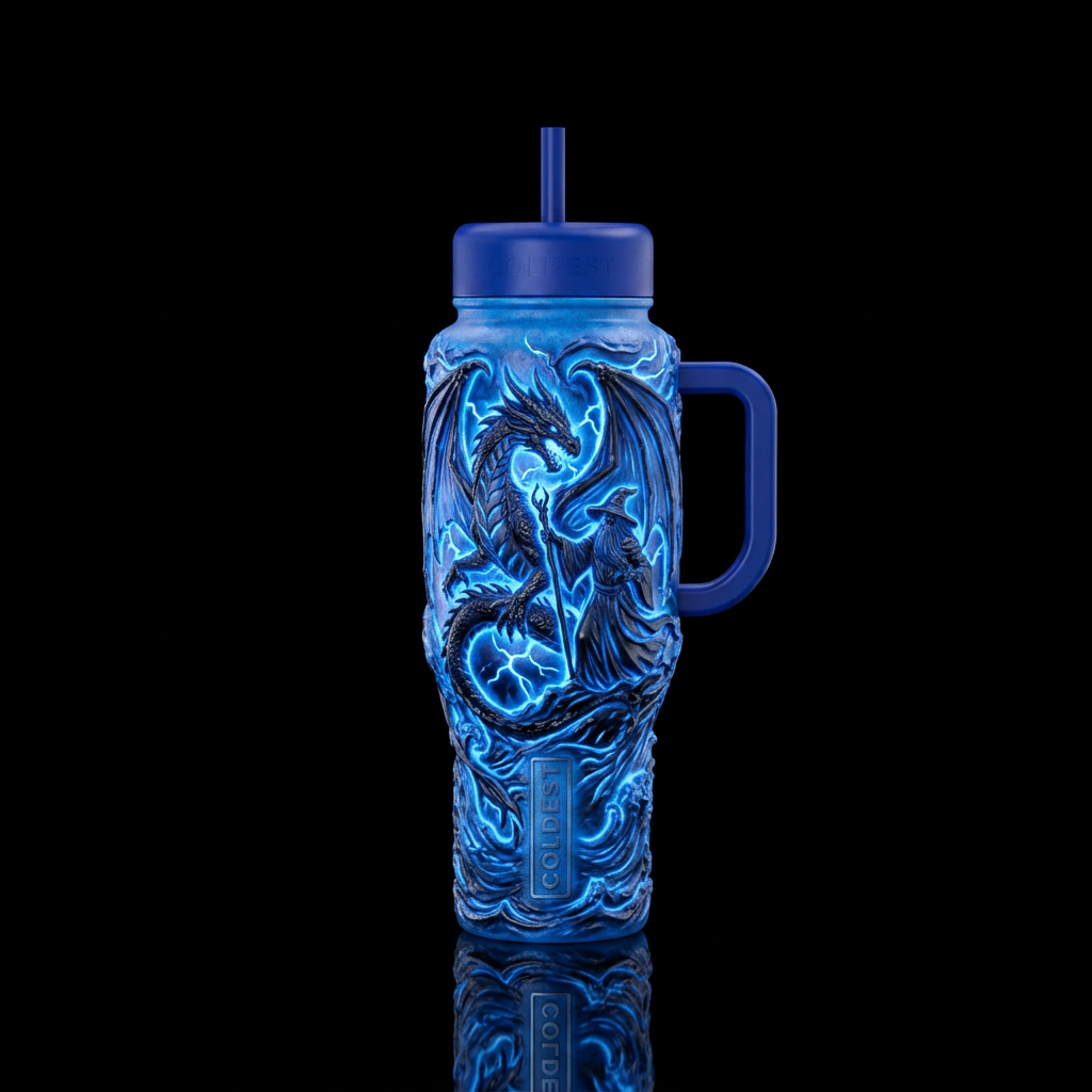 mythical, electric blue, sculpted, wizard, dragon,... water bottle design