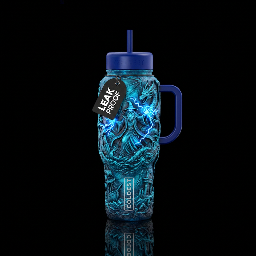 mythical, electric blue, sculpted, wizard, dragon,... water bottle design
