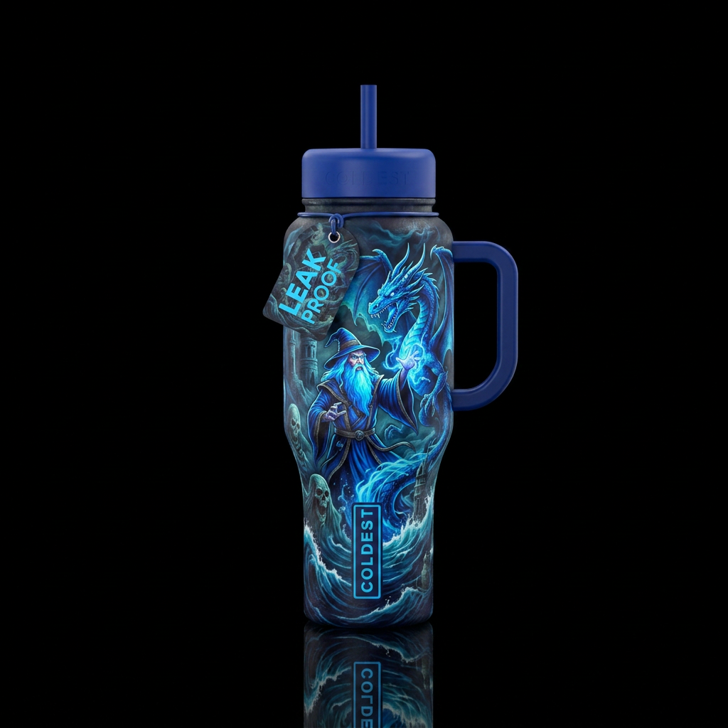 mythical, electric blue, sculpted, wizard, dragon,... water bottle design