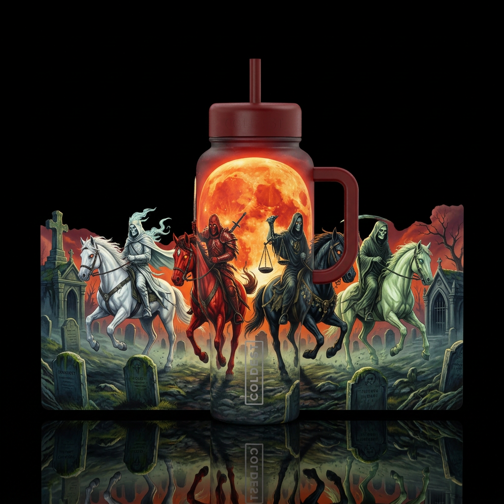 4 horsemen, grave yard, haunted, harvest moon water bottle design