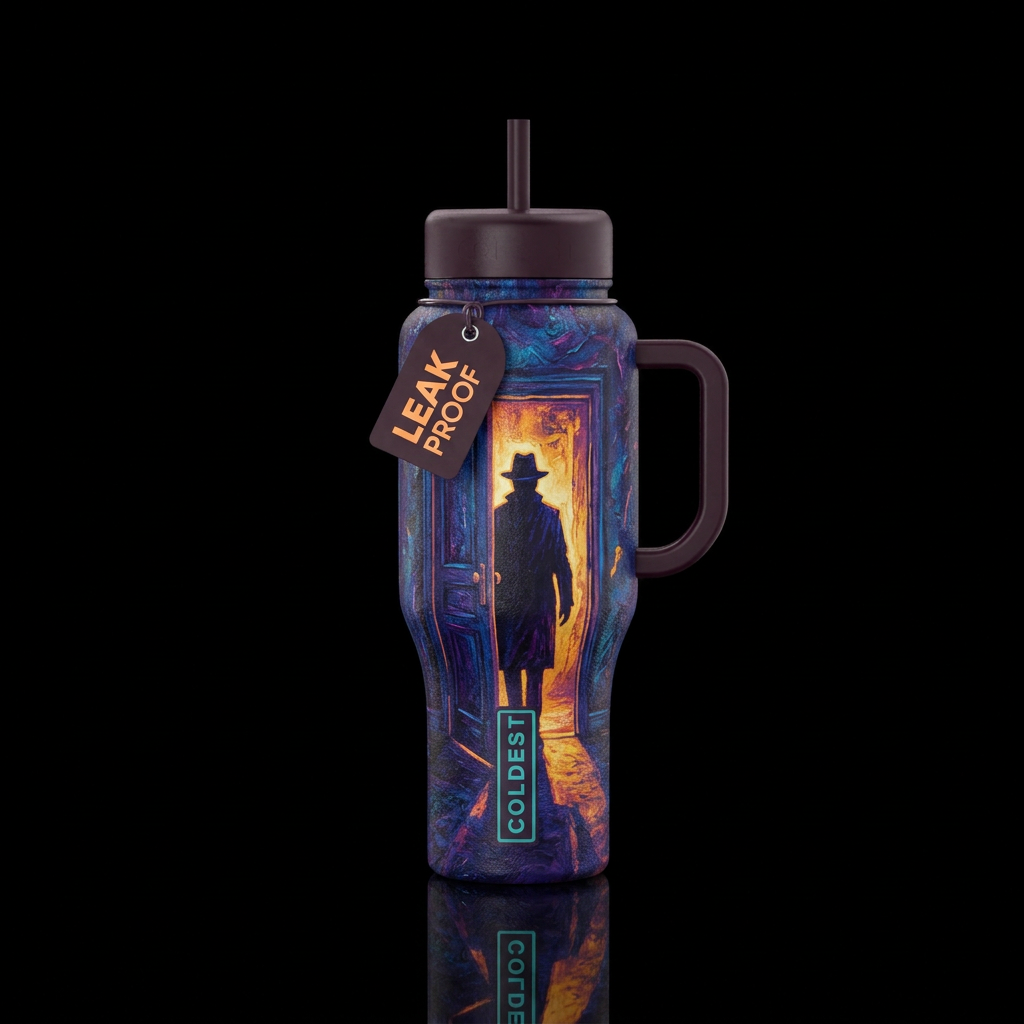 Hat man shadow in the doorway water bottle design