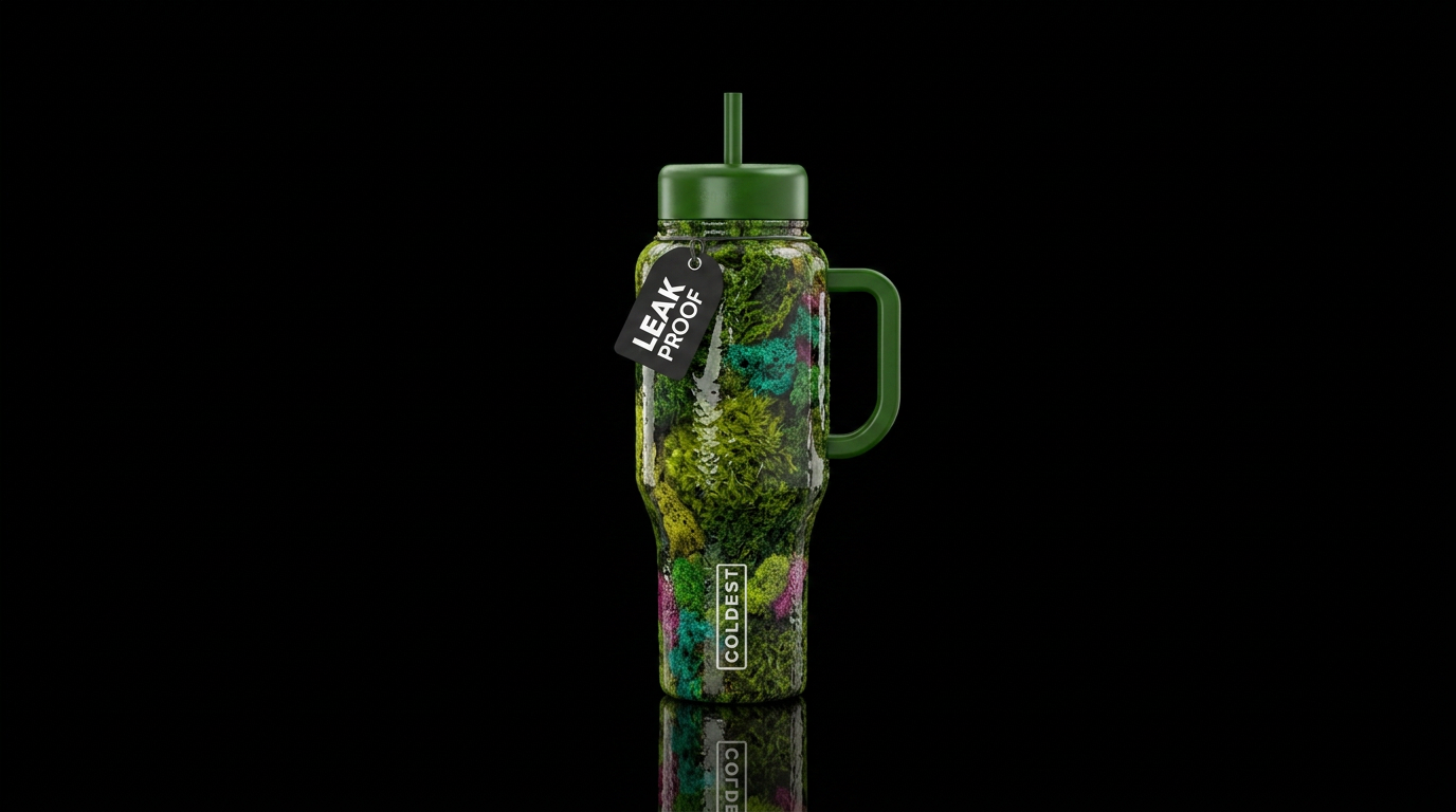 moss covered, shiny water bottle design