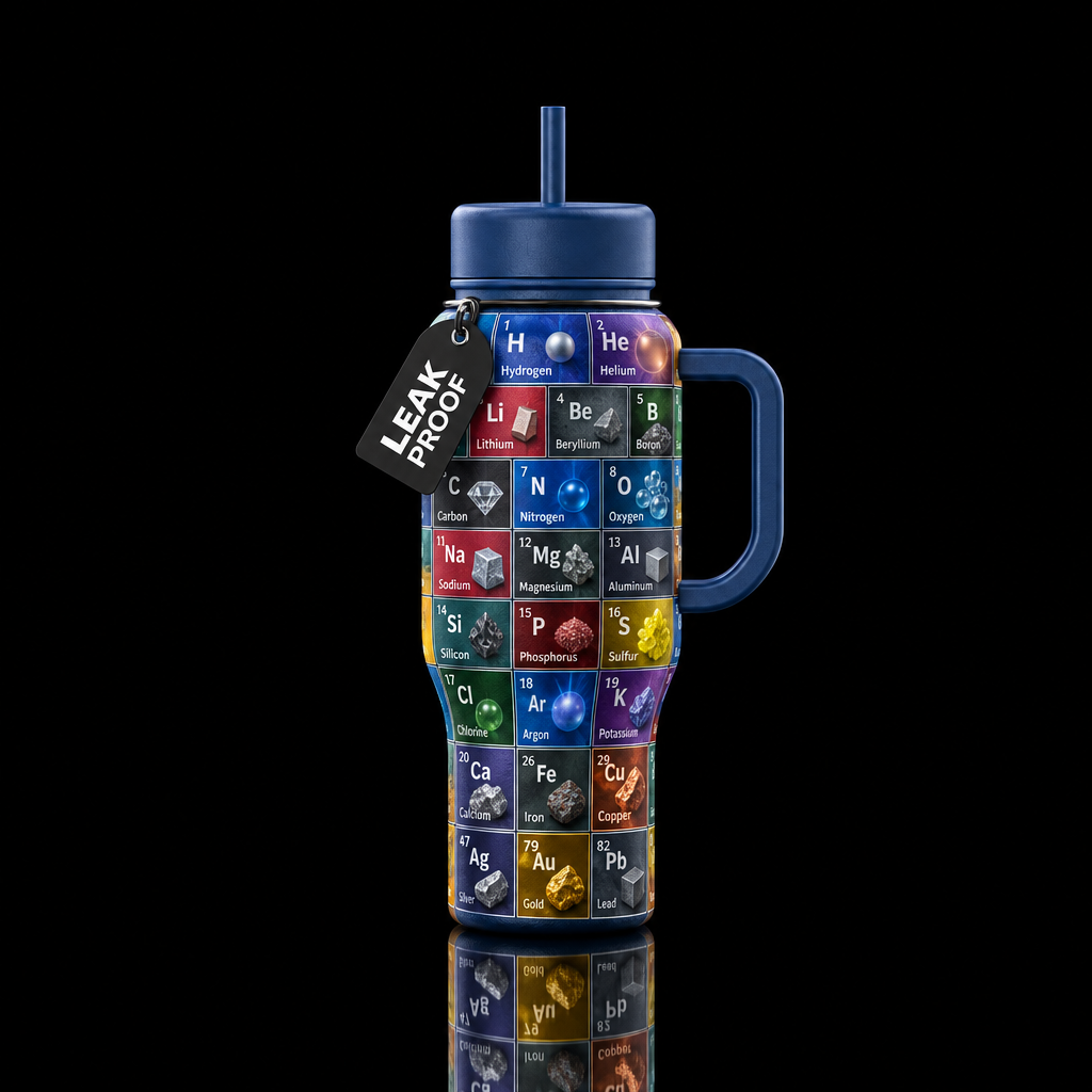 Cup wrapped in the periodic table with sculpted ex... water bottle design