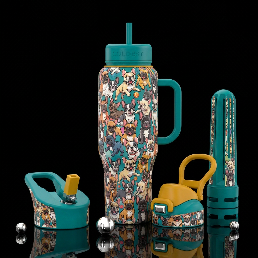 French Bulldog mayhem water bottle design