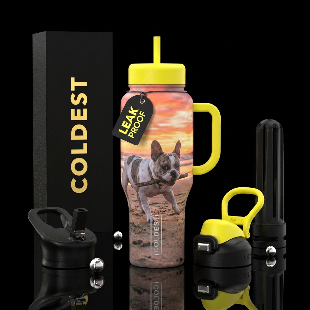 White with brown & gray spots French bulldog playi... water bottle design