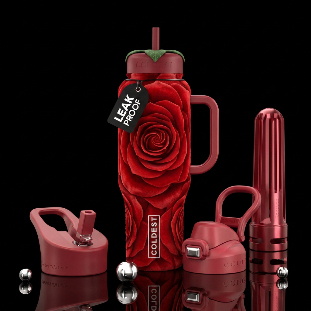 Make the bottle look like it IS a red rose water bottle design