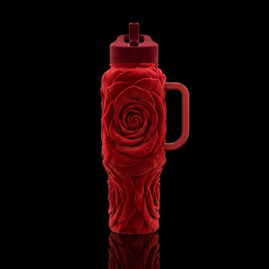 Make the bottle look like it IS a red rose water bottle design