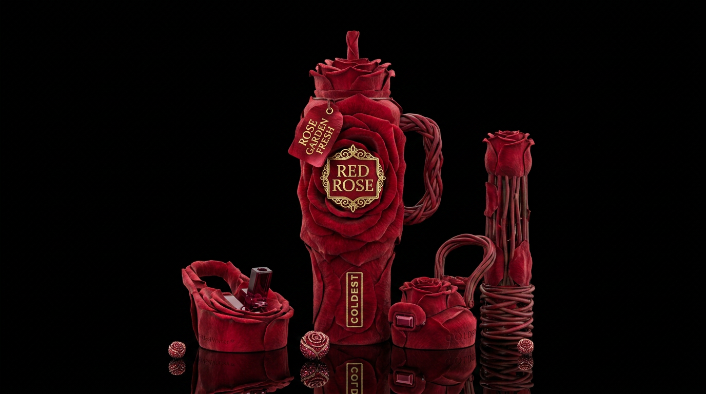Make the bottle look like it IS a red rose water bottle design