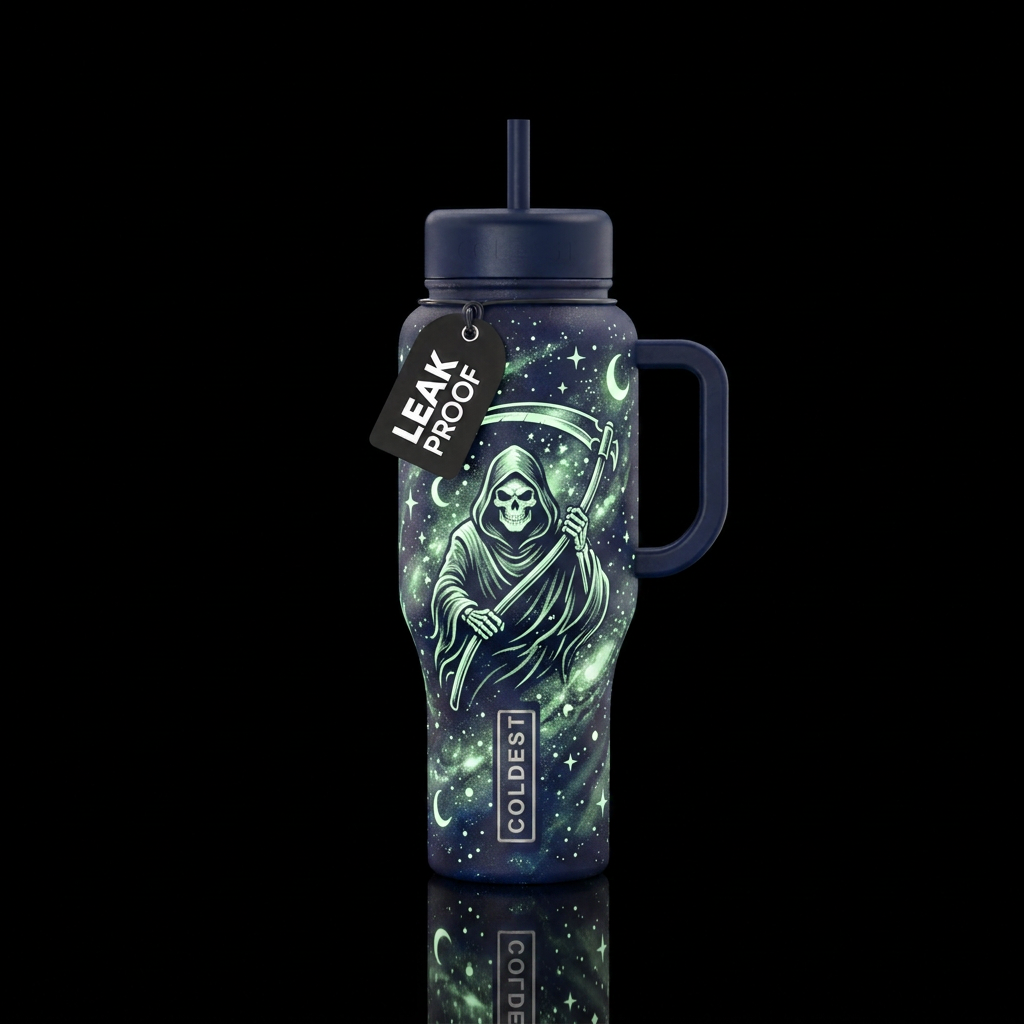 Starry night design with the grim reaper that glow... water bottle design