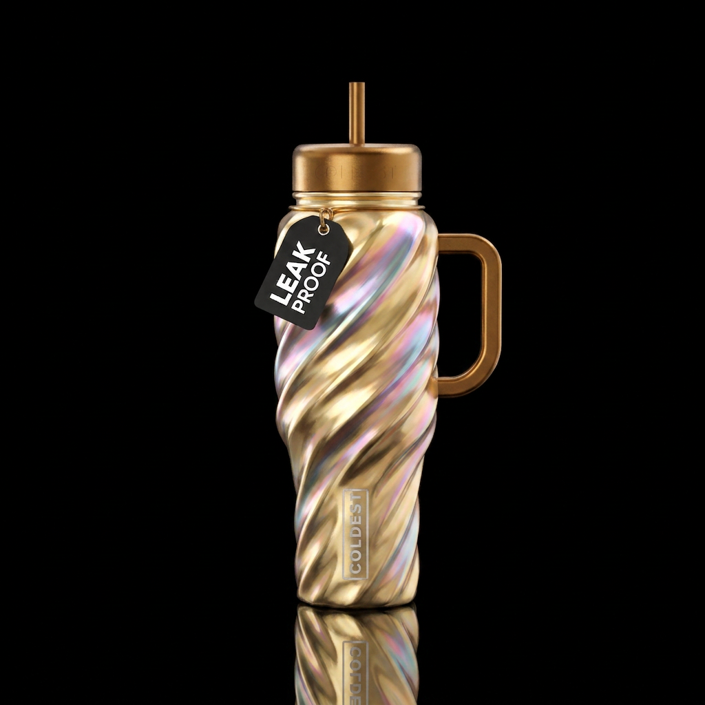 32 oz bottle that looks like a gold unicorn horn water bottle design