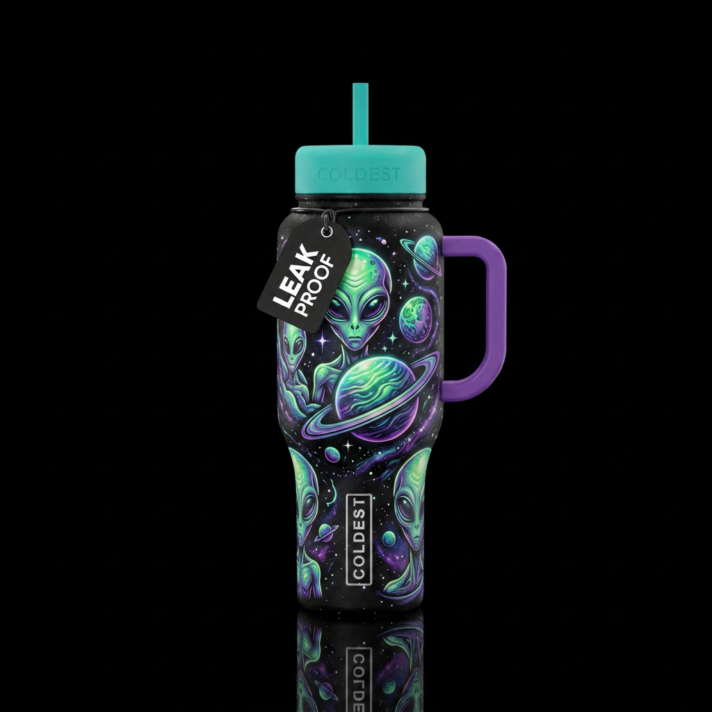 Glowie alien with glowie planets water bottle design