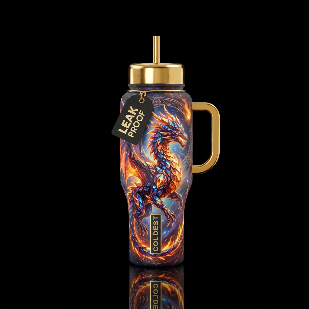 magical, realism, firery, gemstone, dragon, with g... water bottle design