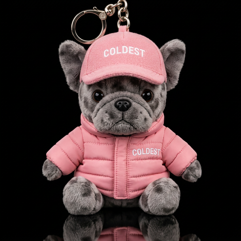 Gray brindle spotted French bulldog wearing a pink... water bottle design