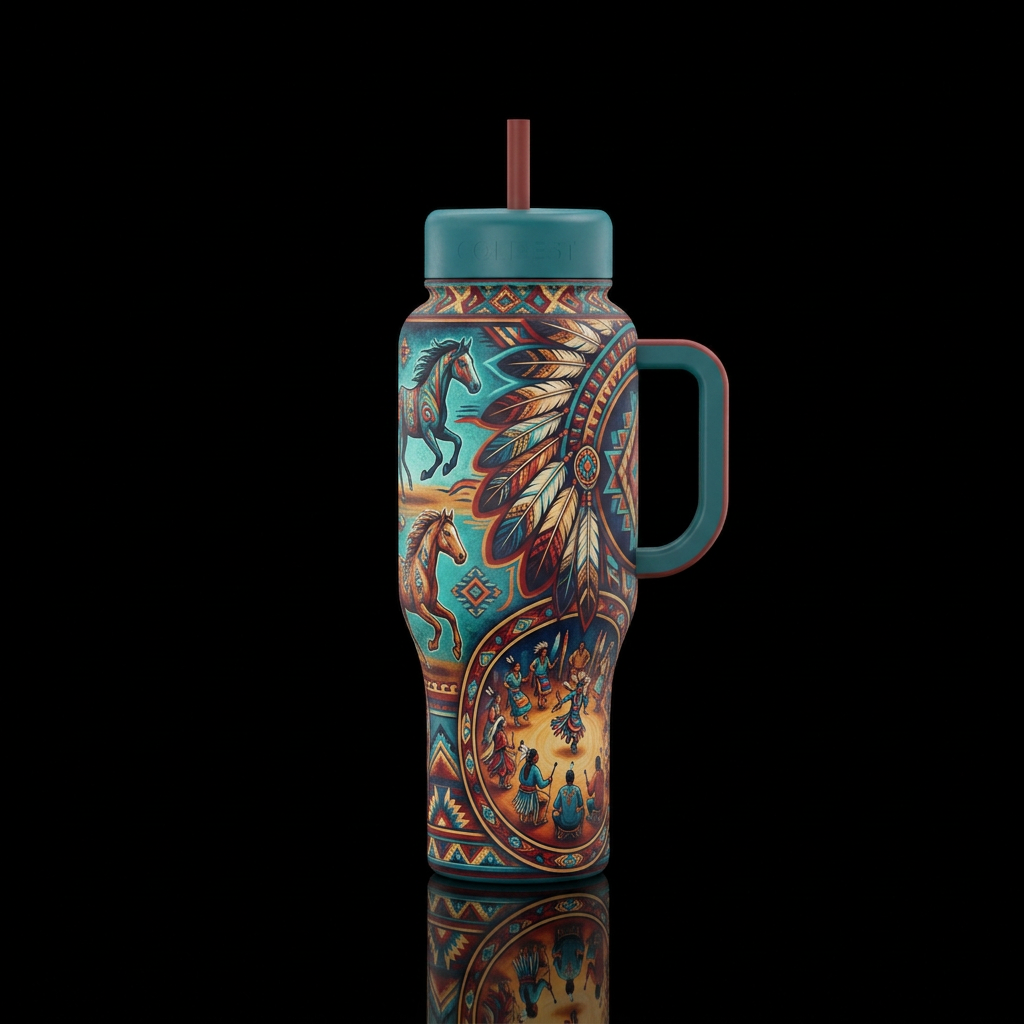 Native American, feathers, horse, powwow, water bottle design