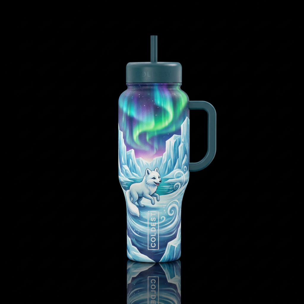 arctic fox, whimsical, frozen glaciers, frozen win... water bottle design