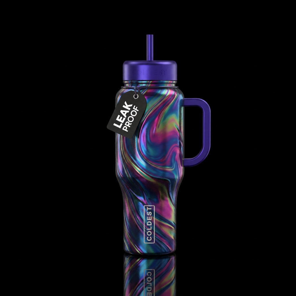 electric, modern, fantasy, magical, irridescent water bottle design