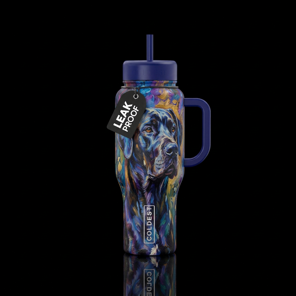 Black great dane, dog, oil painted water bottle design