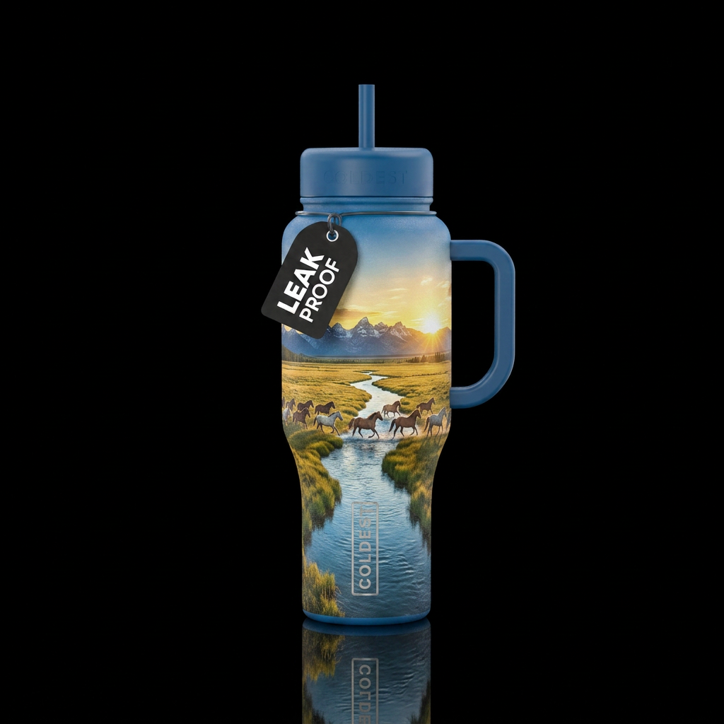A large field with a river that splits in down the... water bottle design