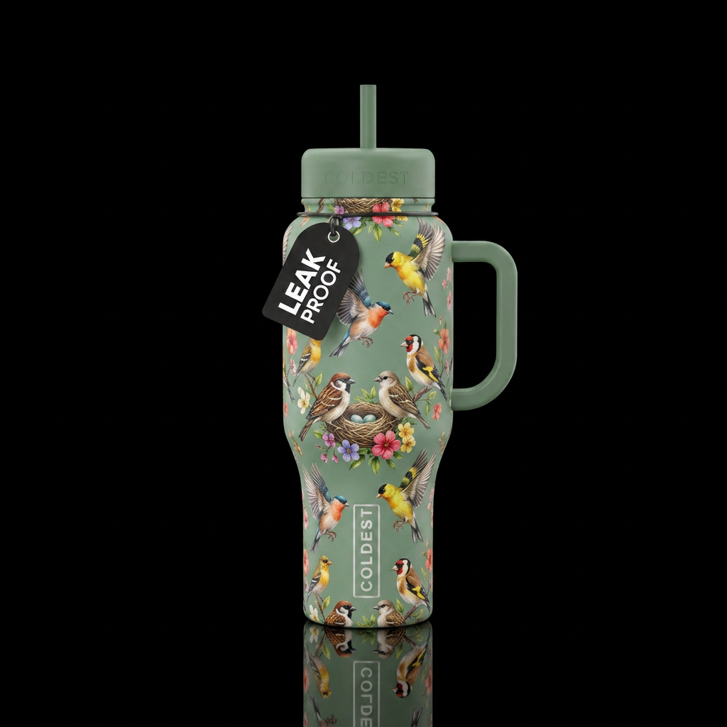 A beautiful sage green background with a variety o... water bottle design