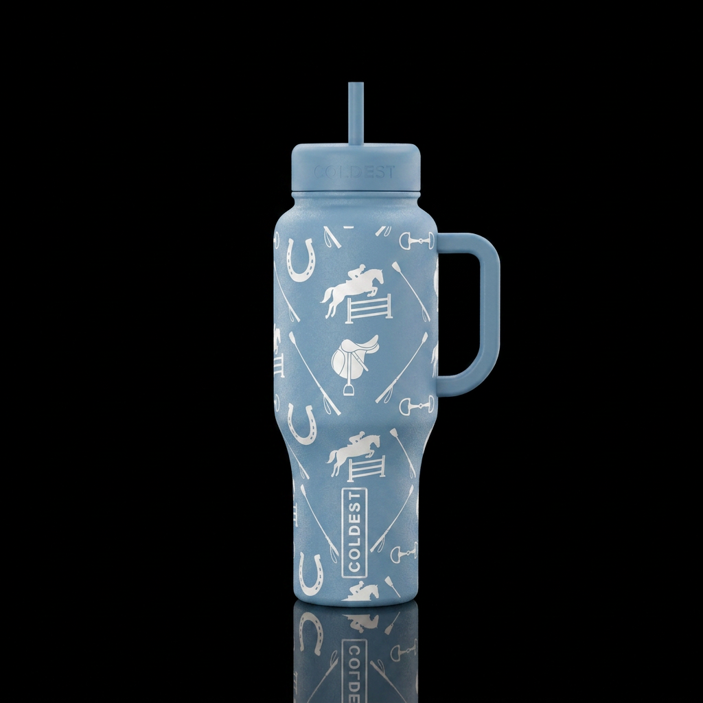 Light blue background with white vinyl horseshoes,... water bottle design