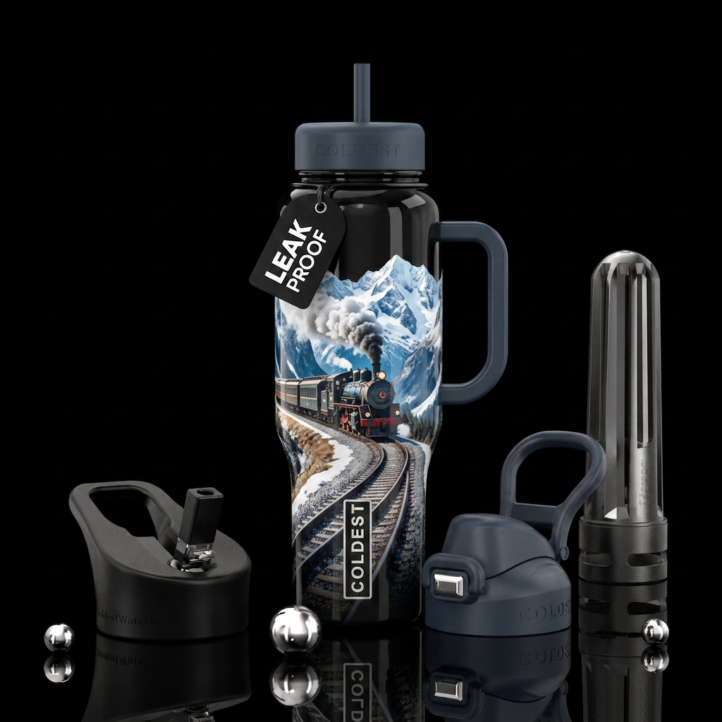 train going through snowy mountains water bottle design