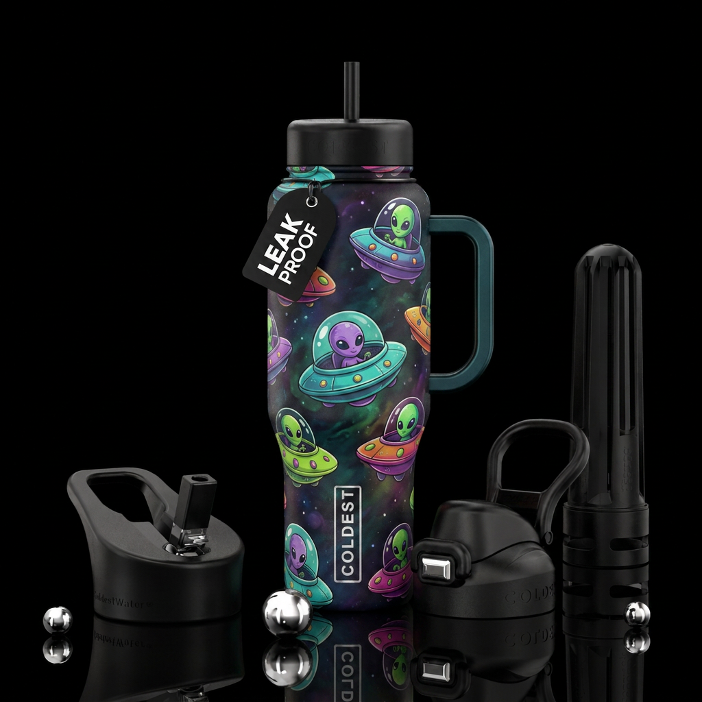 Multiple baby aliens in little ships water bottle design