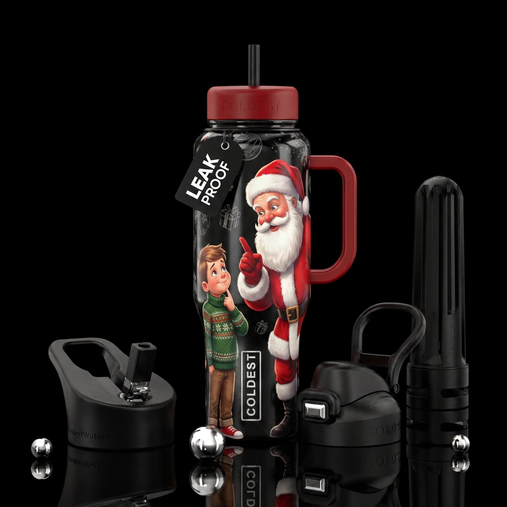 Santa giving little boy shame on you fingers water bottle design