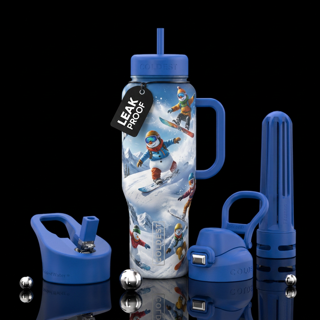 Snowboarding snowmen water bottle design