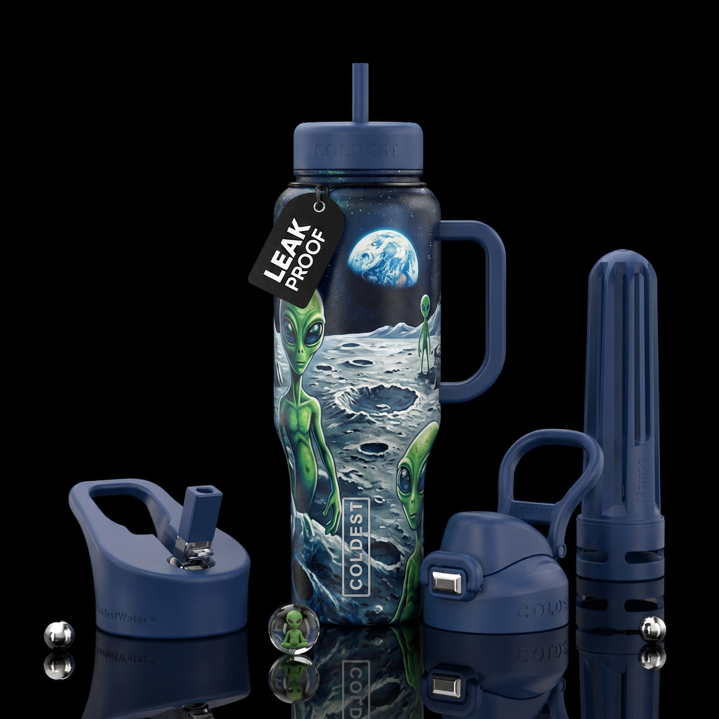Aliens on the moon water bottle design