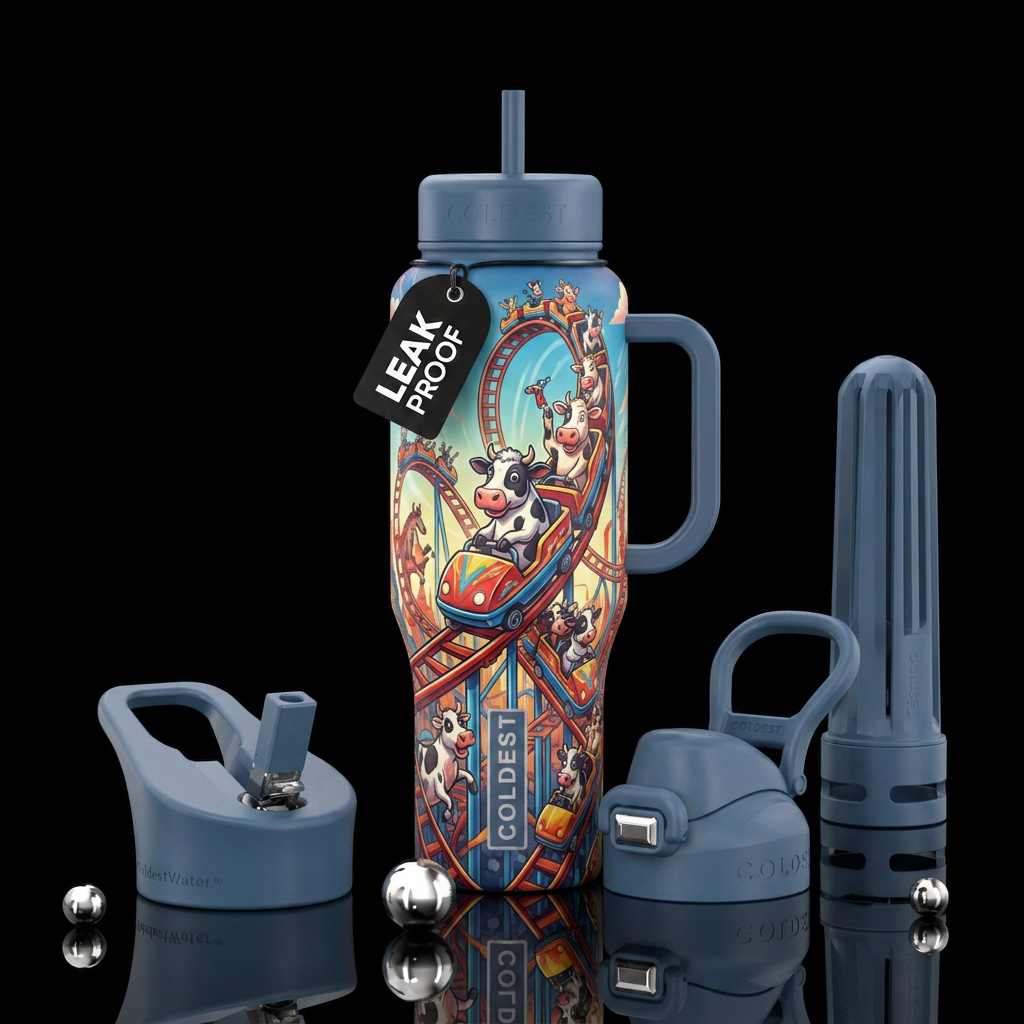 Cows riding rollercoaster water bottle design