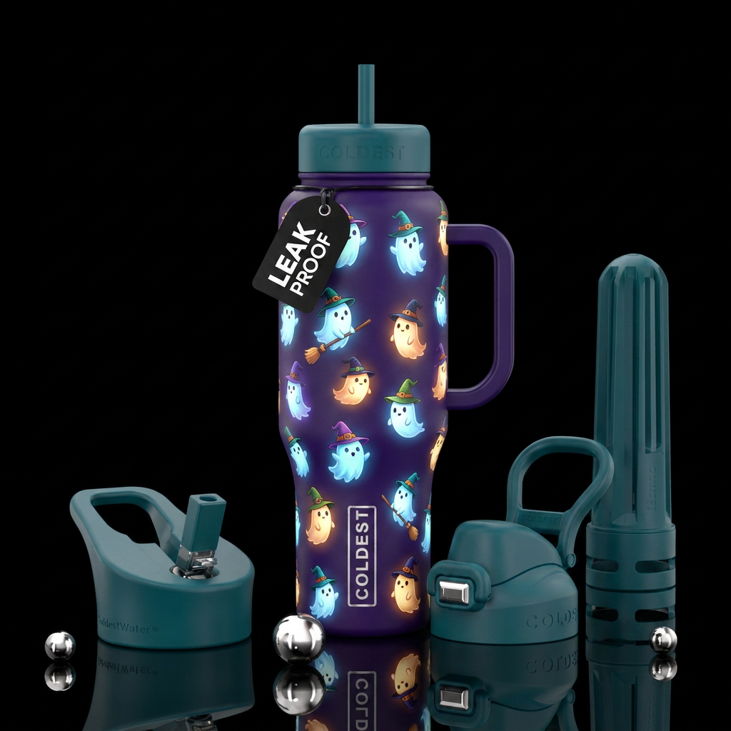 Glowie little ghosts wearing witches hats riding b... water bottle design