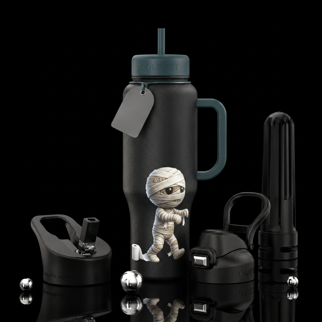 Little mummy with toilet paper stuck to foot water bottle design