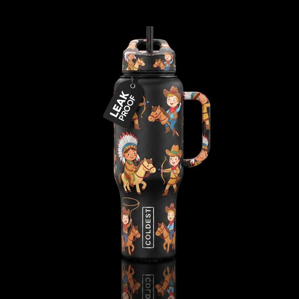 Cartoon Kids playing cowboys and indians water bottle design