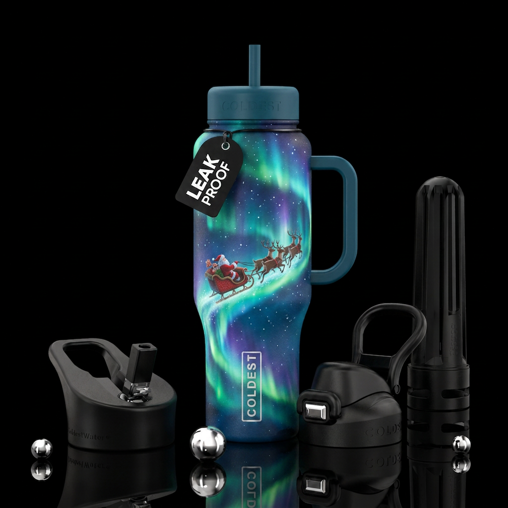 Santa riding northern lights water bottle design