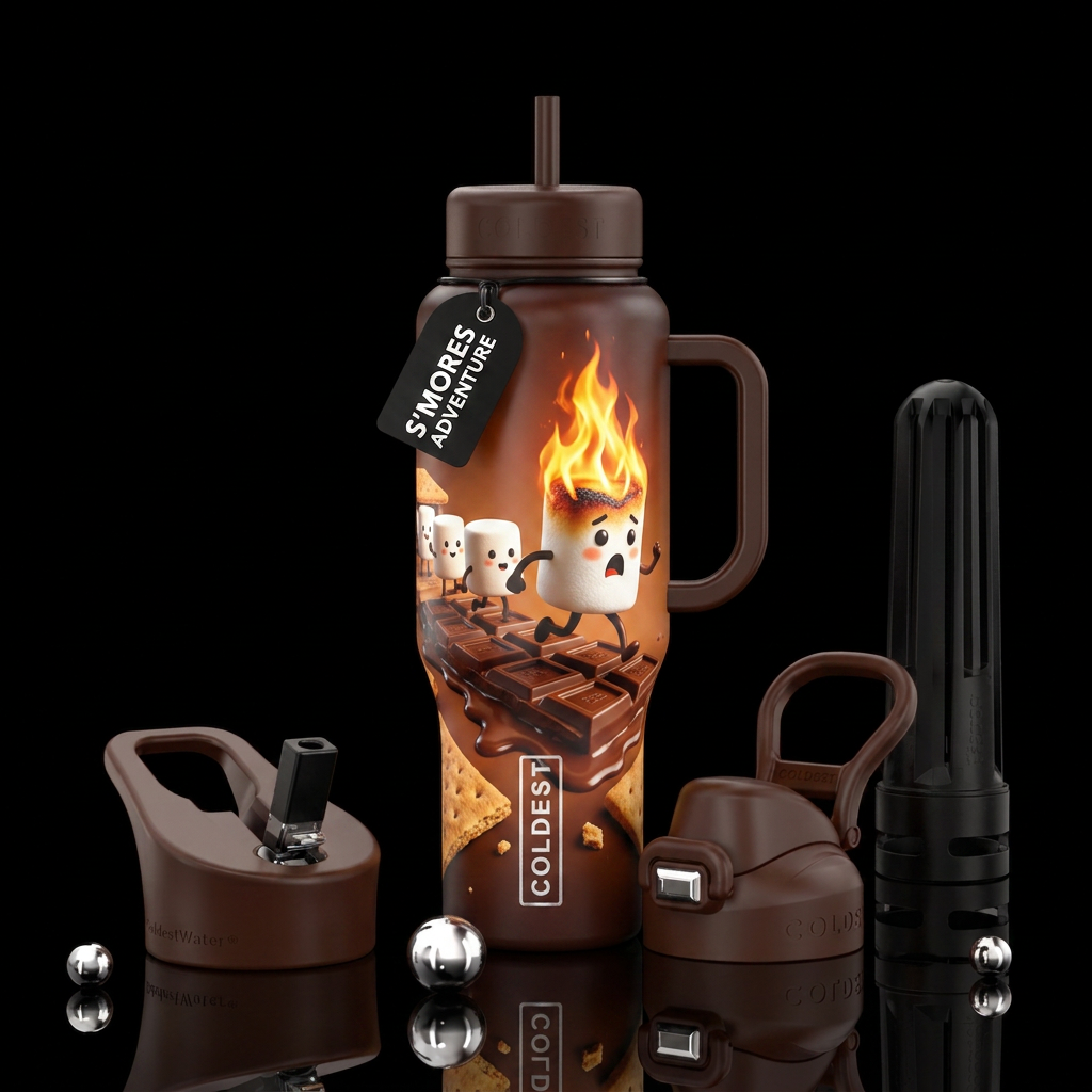 Flaming marshmallow running from chocolate bar and... water bottle design