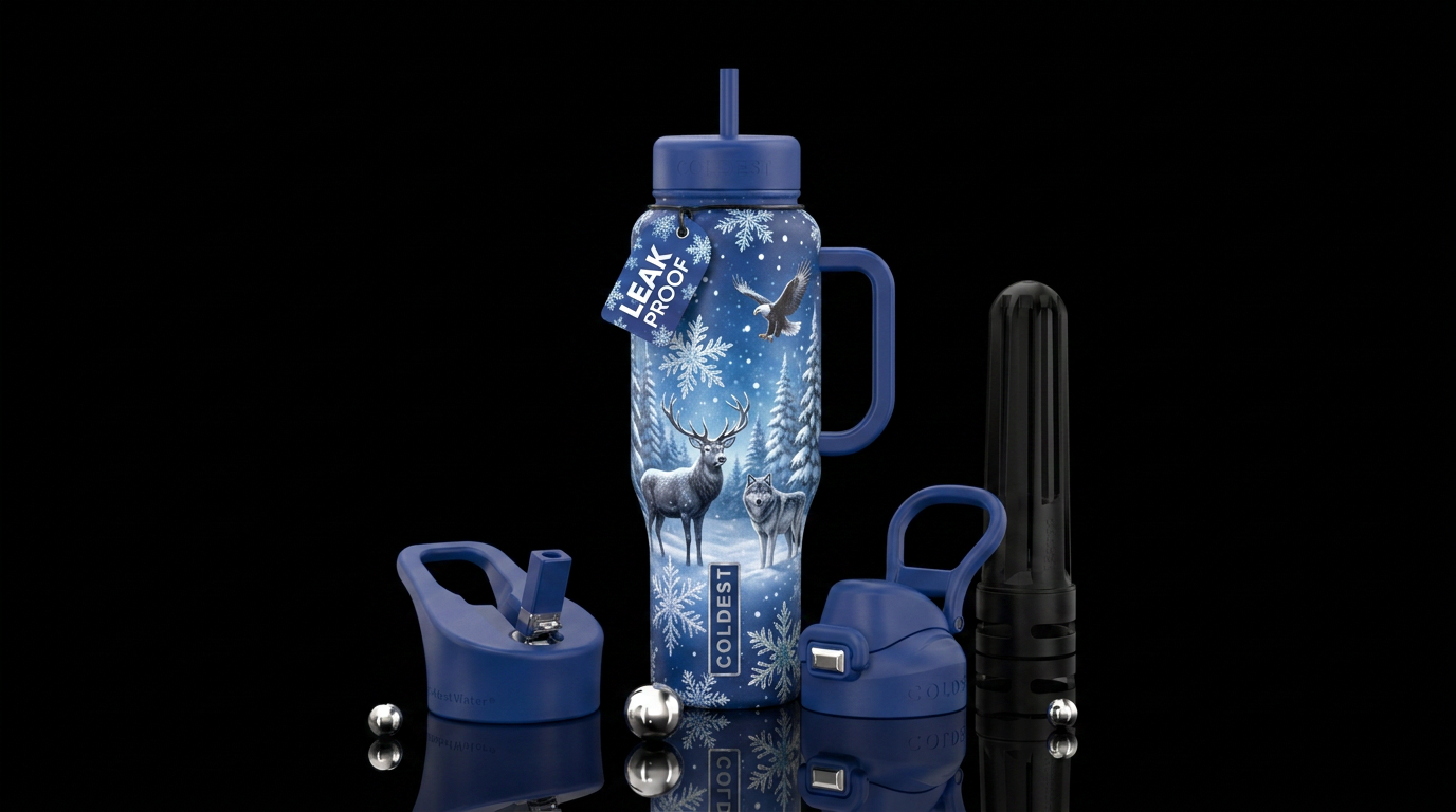 Large snowflakes falling on wildlife water bottle design
