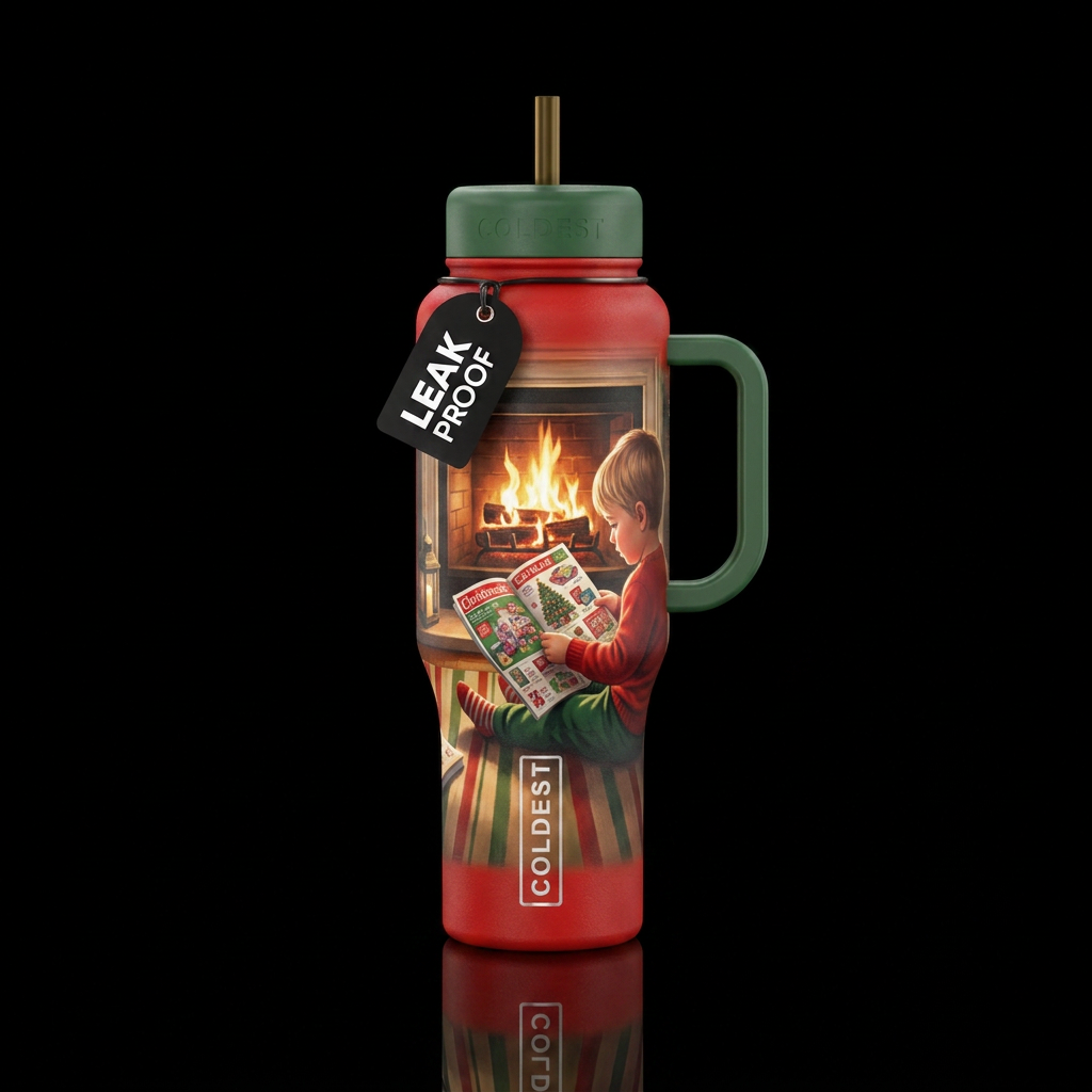 Little kid sitting in front of fire looking at Chr... water bottle design