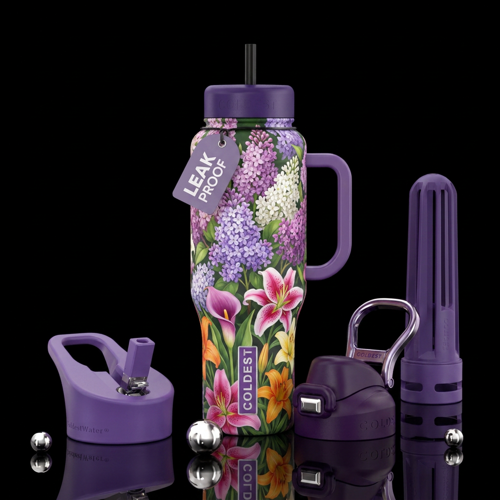 Lilacs and lillies, garden water bottle design