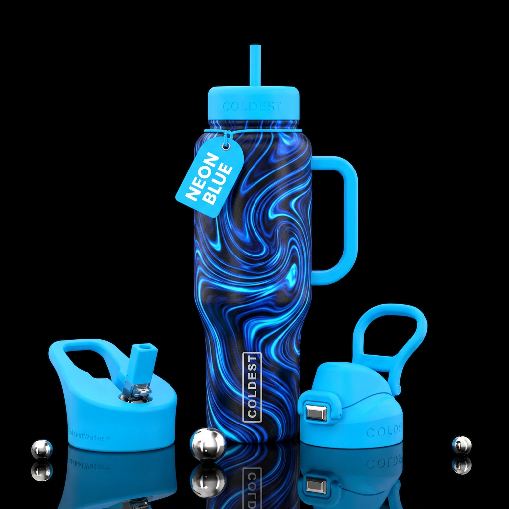Black and blue swirls, neon water bottle design