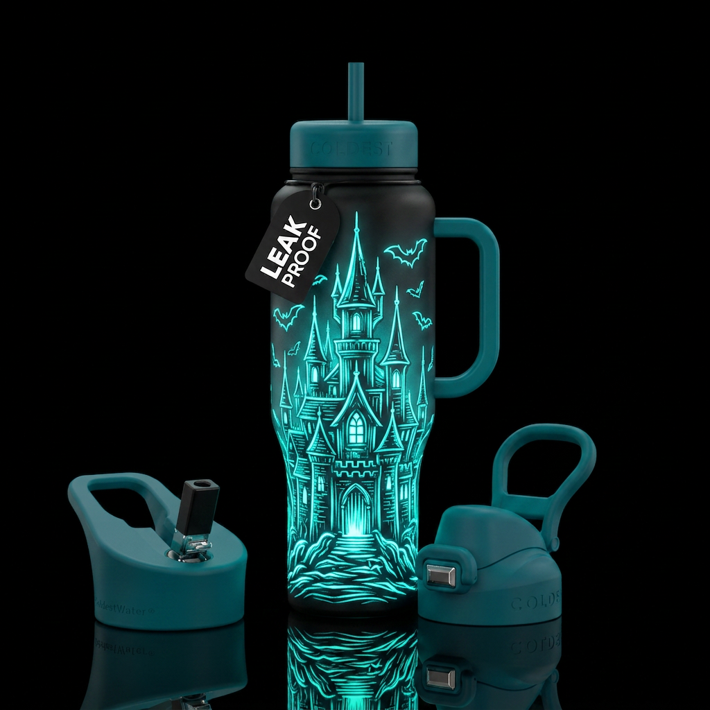 Haunted castle glowie water bottle design