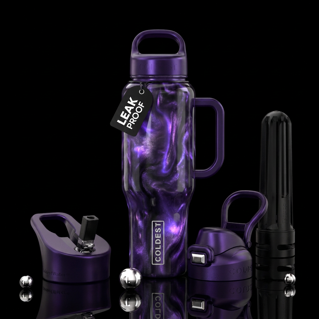 Pearly dark purple and black glowie water bottle design