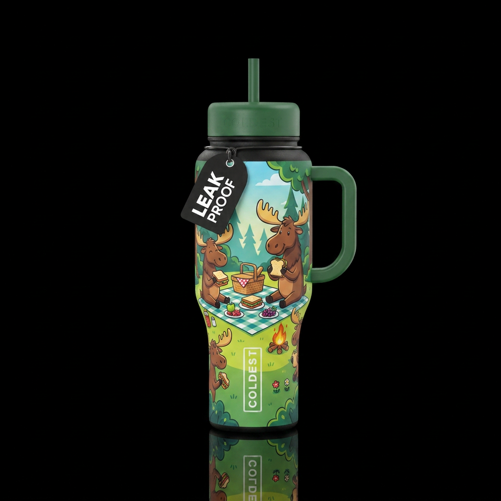 Cartoon moose picnic water bottle design