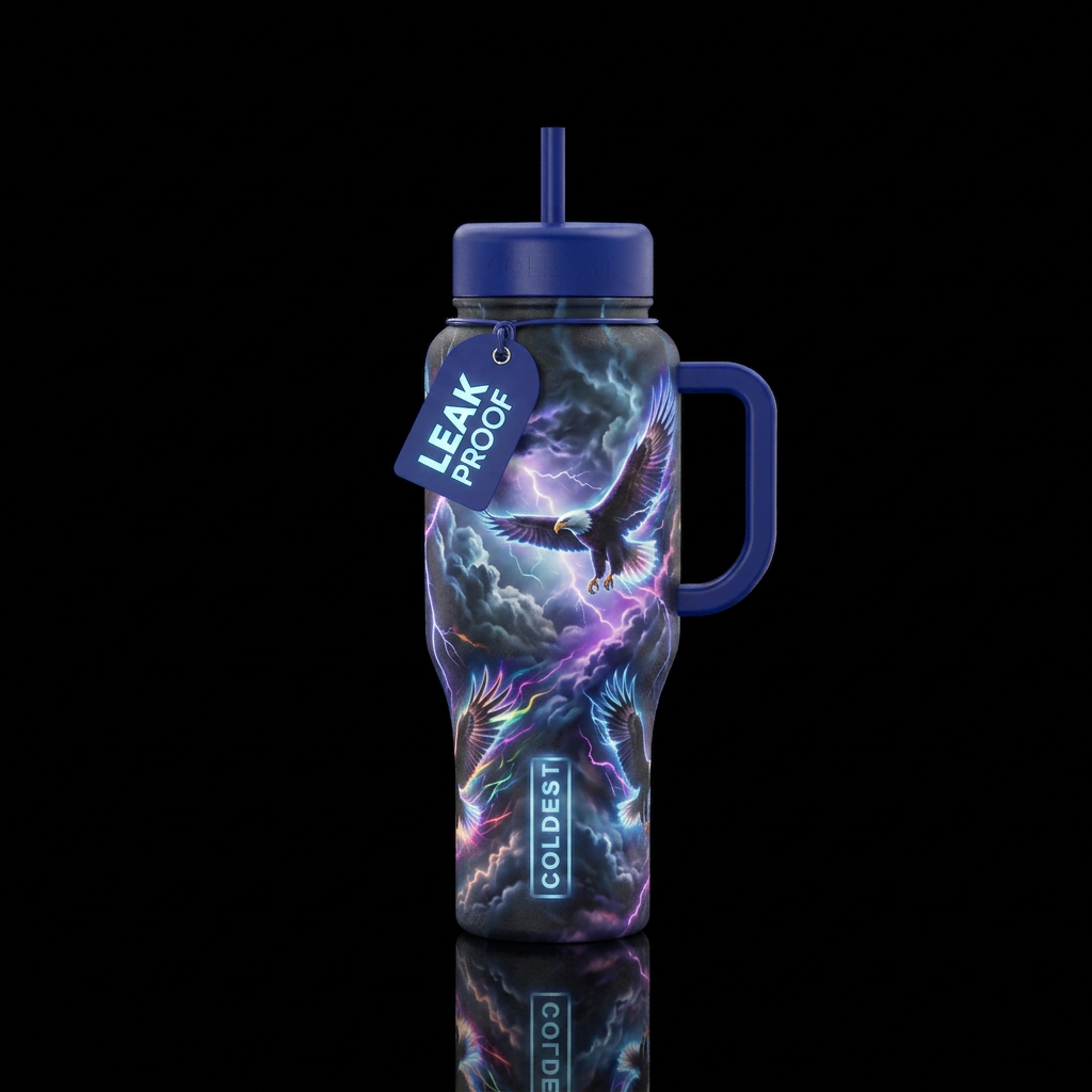 Soaring eagles in storm glowie water bottle design