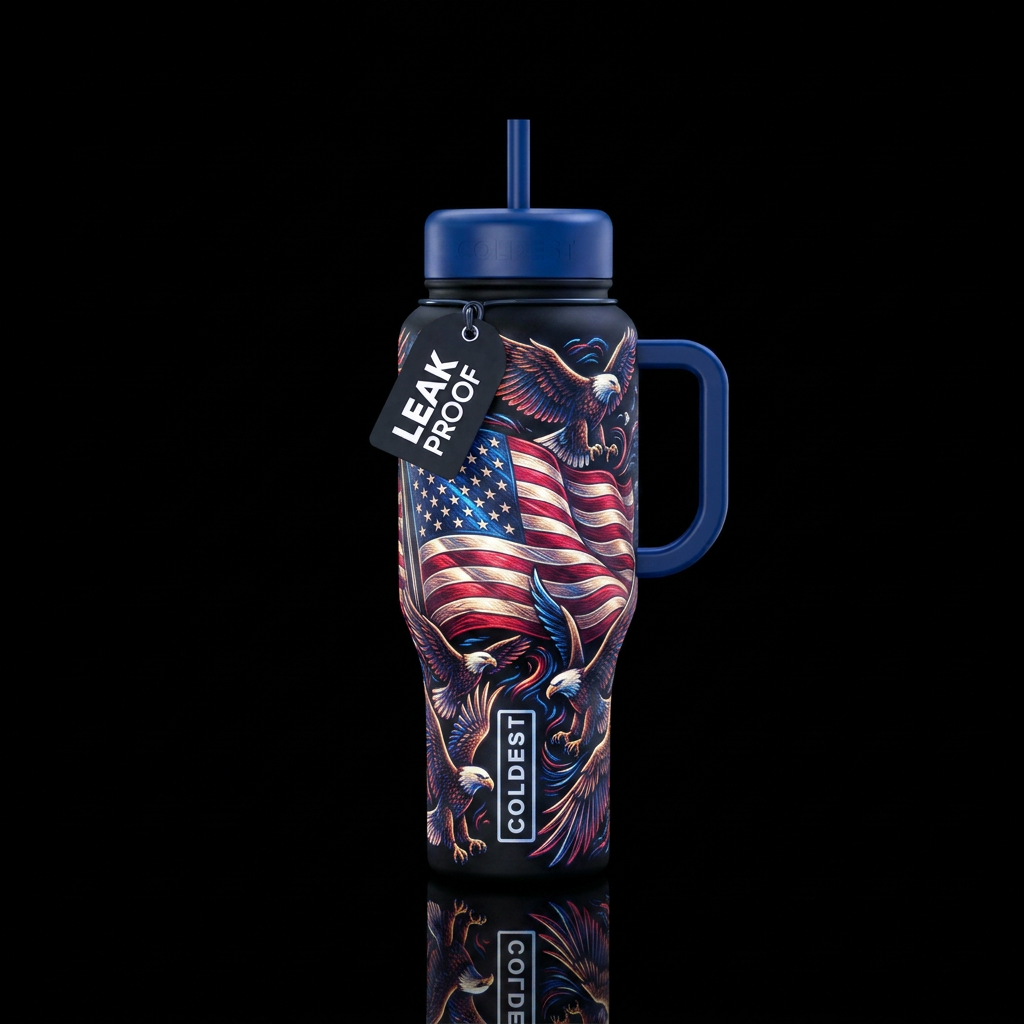Soaring eagles around the American flag glowie water bottle design