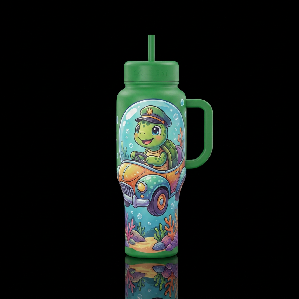 Cartoon turtle driving bubble car water bottle design
