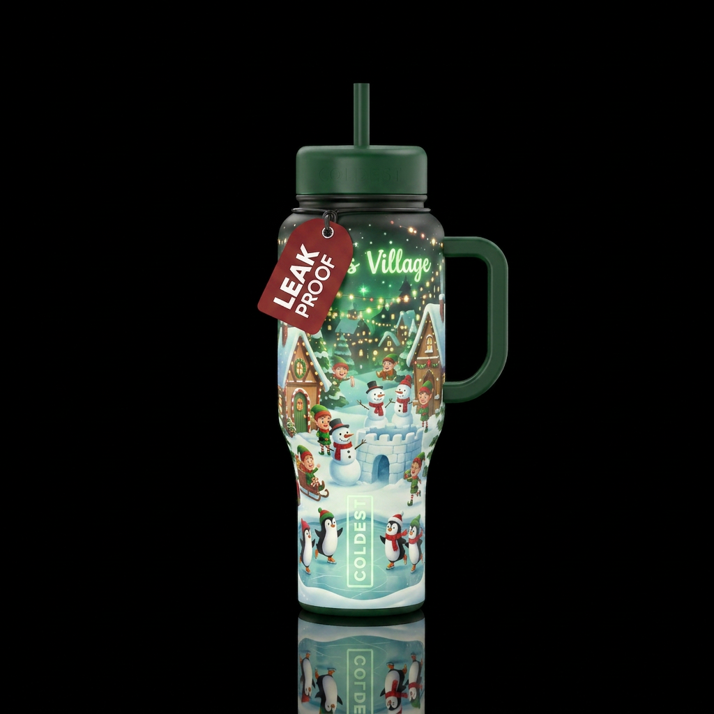 Elves,snomen, penguins hanging out in santas villa... water bottle design