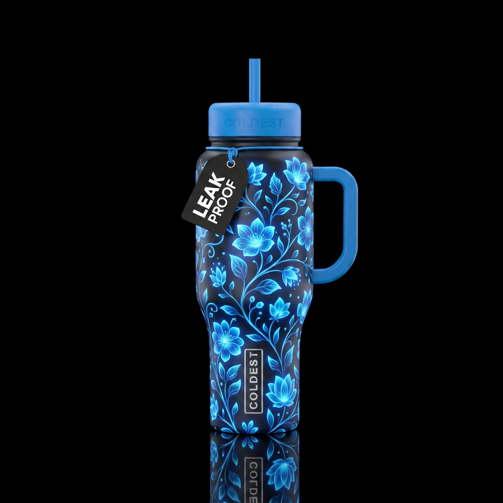 Blue floral glowie water bottle design