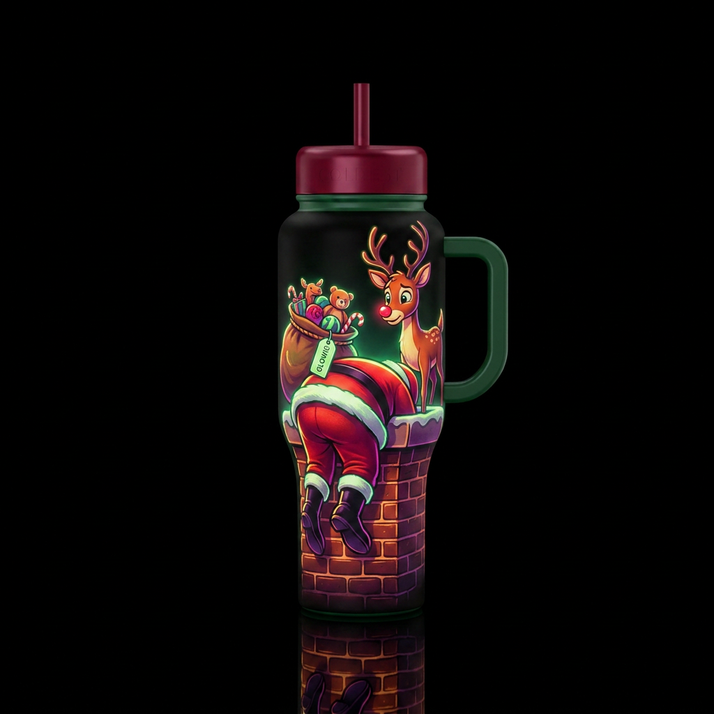 Santa stuck in chimney with Rudolph looking down a... water bottle design