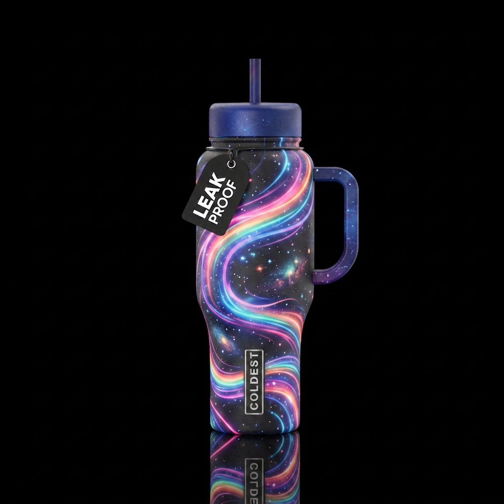 Space rainbow glowie water bottle design