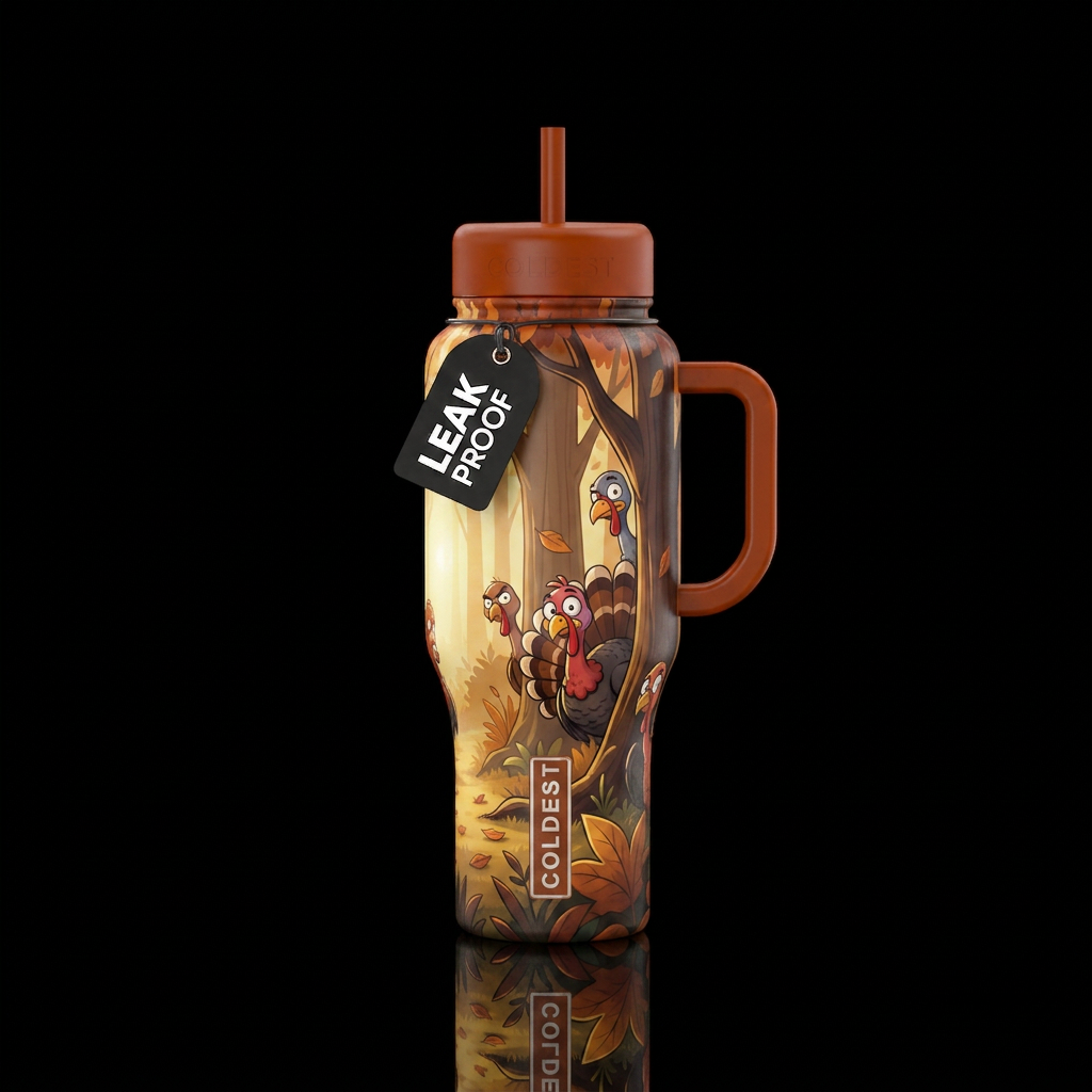 Cartoon turkeys hiding in the woods from thanksgiv... water bottle design